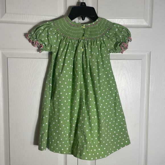 Castles & Crowns Dress Girls 2 Green White Polka Dot Smocked Short Sleeve Midi - Picture 3 of 6